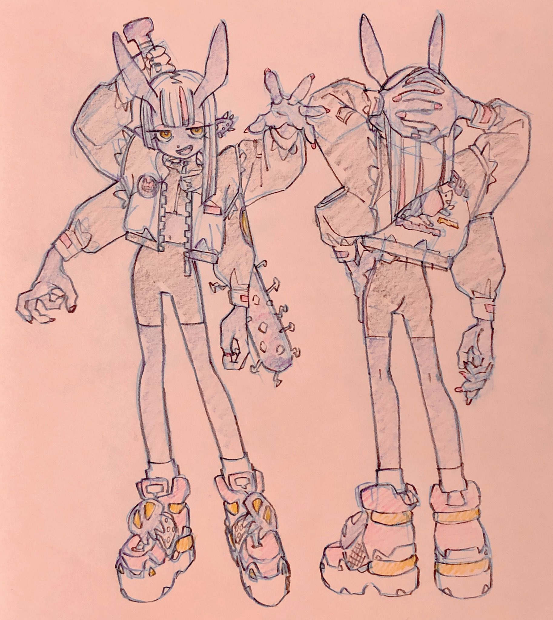a fashion design sketch of a bunnythemed monster girl character. it shows a front and back view of the same pose.