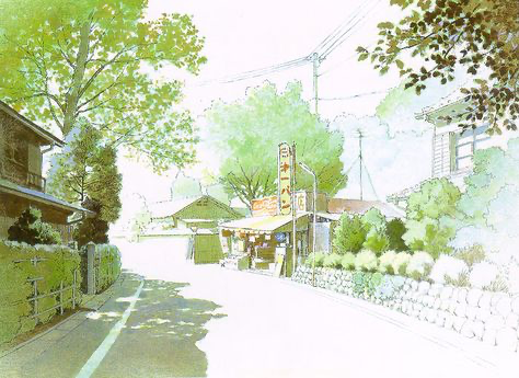 the image is a serene, idyllic illustration, possibly in the style of studio ghibli animation, depicting a quiet japanese suburban street scene. lush green trees line a gently curving road, casting dappled shadows.  low, traditionalstyle houses with lightcolored walls and dark roofs are nestled among the foliage.  a small shop or store with a japanese sign is centrally located, adding a touch of everyday life to the setting.  stone walls and hedges add to the charming, quaint atmosphere. the overall color palette is soft and light, primarily using pastel greens and whites, creating a feeling of peace and tranquility. the style suggests a handdrawn or painted illustration, with a watercolorlike quality.