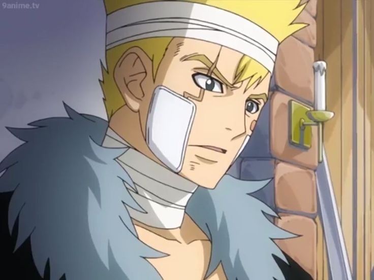 a close up of an anime male character, with blond hair, wearing a bandage, fur collar, and standing next to a wall with a sword in the background.