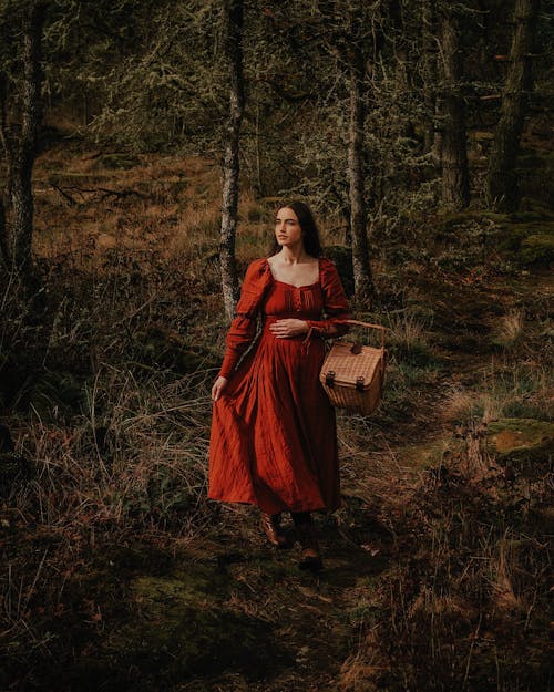 a woman in a long, flowing red dress walks through a forest path, carrying a small wicker basket. the setting is autumnal, with trees and mosscovered ground. the overall mood is romantic and mystical, with a touch of fairytale charm.  the woman appears serene and thoughtful as she strolls through the woods. the lighting is soft and creates a moody, atmospheric feel.