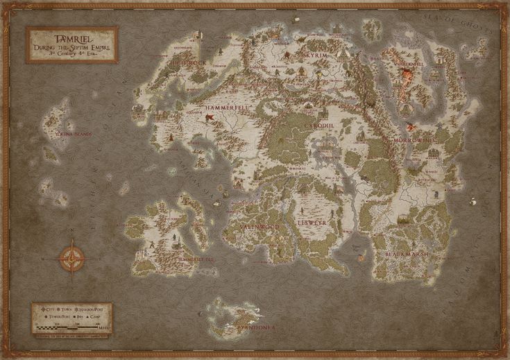 a detailed map of tamriel, the continent from the fantasy video game series the elder scrolls, is displayed. the map features a parchmentlike background and outlines the different provinces of tamriel, including skyrim, morrowind, cyrodiil, high rock, hammerfell, black marsh, elsweyr, valenwood, summerset isles, and more. the map also includes a compass in the lower left corner for navigation.