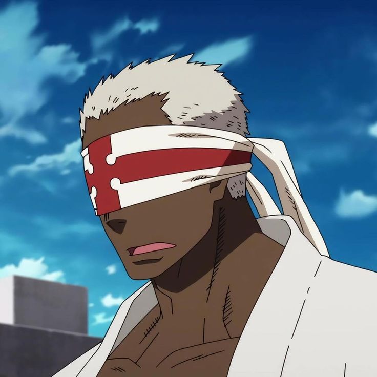 a male anime character with a blindfold. he is wearing a white shirt and has a black headband around his head. his hair is white and his skin is black. he is looking down and his expression is sad.