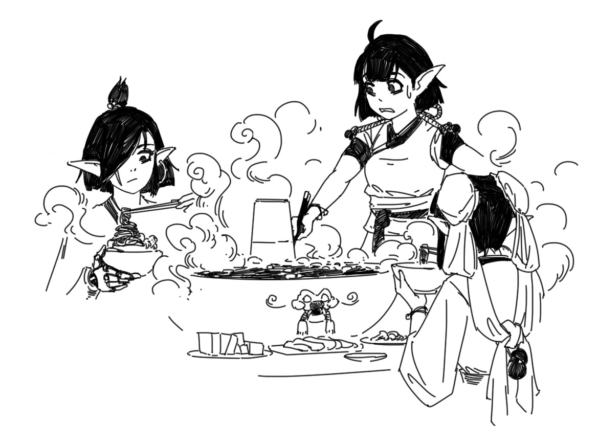 a black and white illustration of three elflike women enjoying a hot pot dinner. one woman is concerned about the food, while the others are happily eating their meals.  the style is reminiscent of anime or manga. the scene is lively with steaming food and expressive characters.