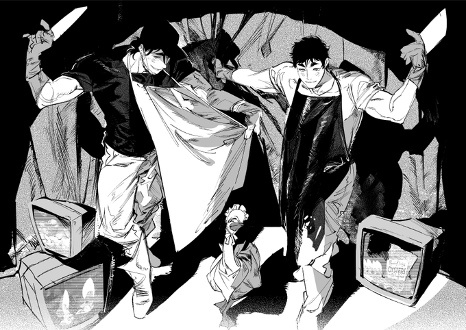 an image drawn in black and white shows two men standing in a dark and shadowed room. the men are expressionless and both hold knives. the room is messy and scattered with dark shadows. in the foreground, a black and white tv screen with an image of food is on the floor. the artwork has an anime/manga style to it and the figures appear to be menacing.