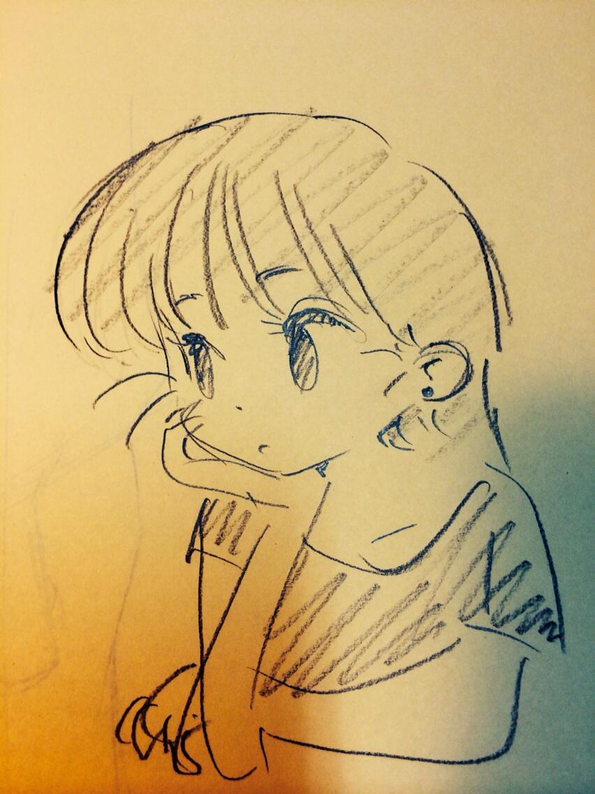 the image is a pencil sketch of a young girl with large eyes and long hair. she is wearing a striped shirt and has a thoughtful expression. the sketch is drawn in a manga or anime style. the background is a light cream color.