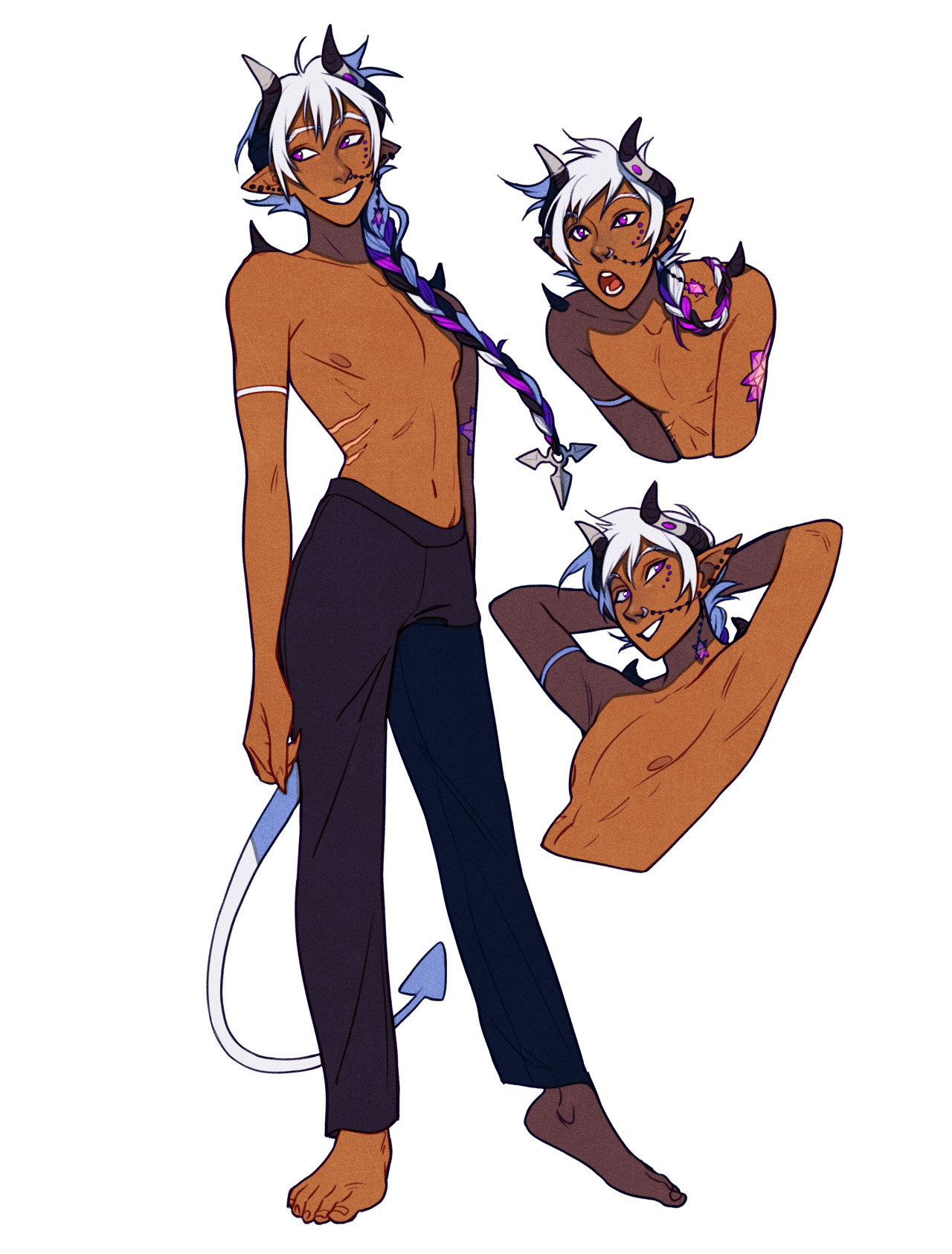 a digital illustration of a darkskinned tiefling character with black pants and no shirt. he has white hair with black tips styled in a braid with beads, blue and purple accents in his hair and on his horns and tail. he has various scars across his torso and a tattoo on his upper arm. the image shows him making various expressions.
