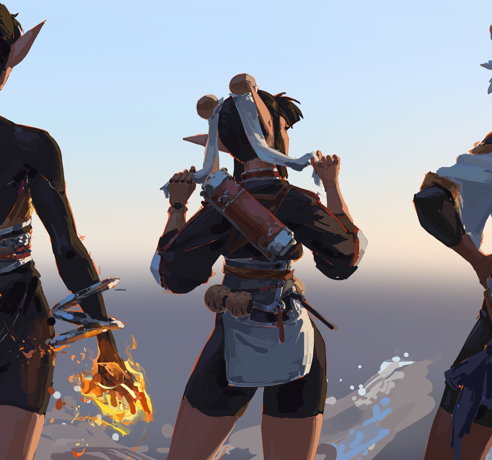 the digital painting showcases three fantasy characters, possibly elves, standing on a beach at sunset. the central figure is a female elf with short dark hair,  wearing a dark kimonolike outfit, a lightcolored apron, and carrying a quiver and other equipment. her back is to the viewer, and she seems to be adjusting her attire.  the two figures flanking her are partially visible and turned away; one appears to be wielding fire magic, as their hand glows with fiery energy.  the art style is a blend of anime and fantasy, characterized by vibrant colors and visible brush strokes. the background shows a serene sunset over water. the overall mood is adventurous and mysterious.
