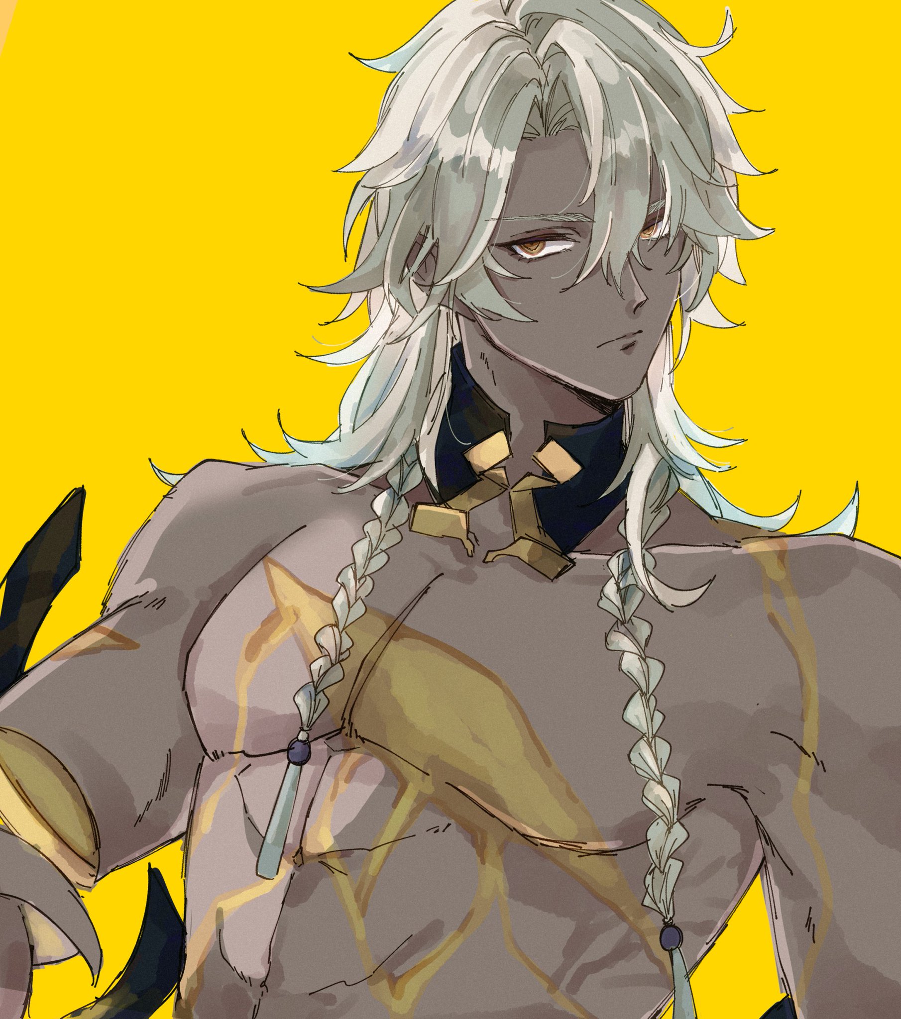 the image depicts a muscular anime character with long blonde hair tied in braids. he has a serious expression and is barechested except for some golden armor. he is standing in front of a yellow background.