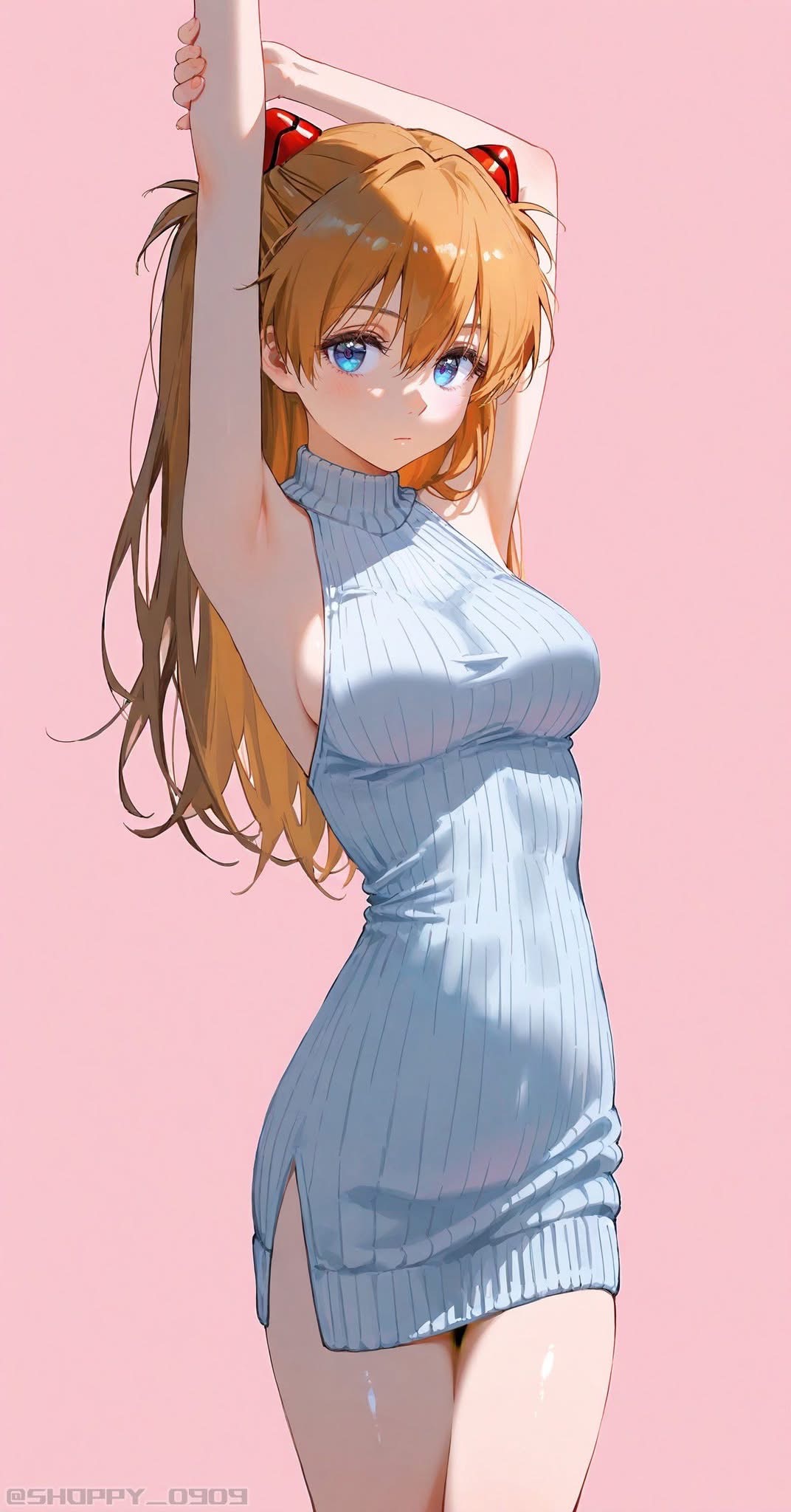 a digitally drawn image of asuka langley sohryu, an anime character with orange hair and blue eyes. she is wearing a tightfitting, light blue dress and has her arms raised above her head. the background is a solid pink color.