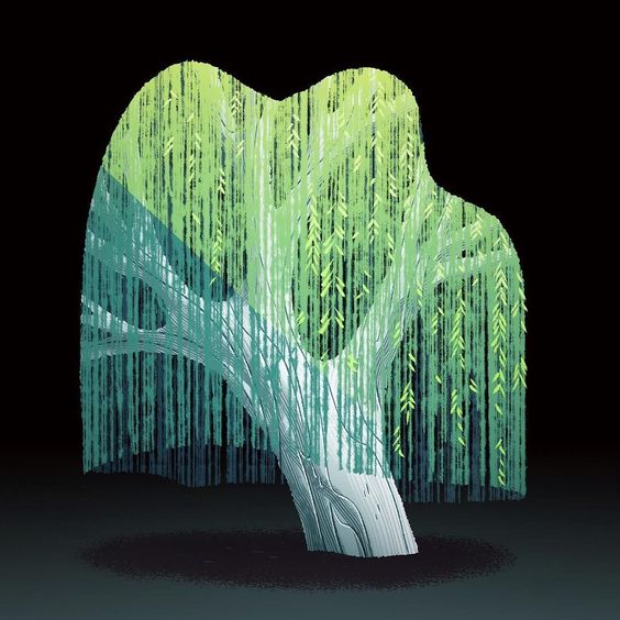 the image is of a stylized illustration of a weeping willow tree at night. the tree is digitally rendered and has a graphic quality to it. the color palette is primarily green, blue, and black, with the tree being illuminated by a spotlight. the background is a dark black, which creates a sense of depth and contrast. the perspective of the image is at eye level, giving the viewer the feeling of standing directly in front of the tree.
