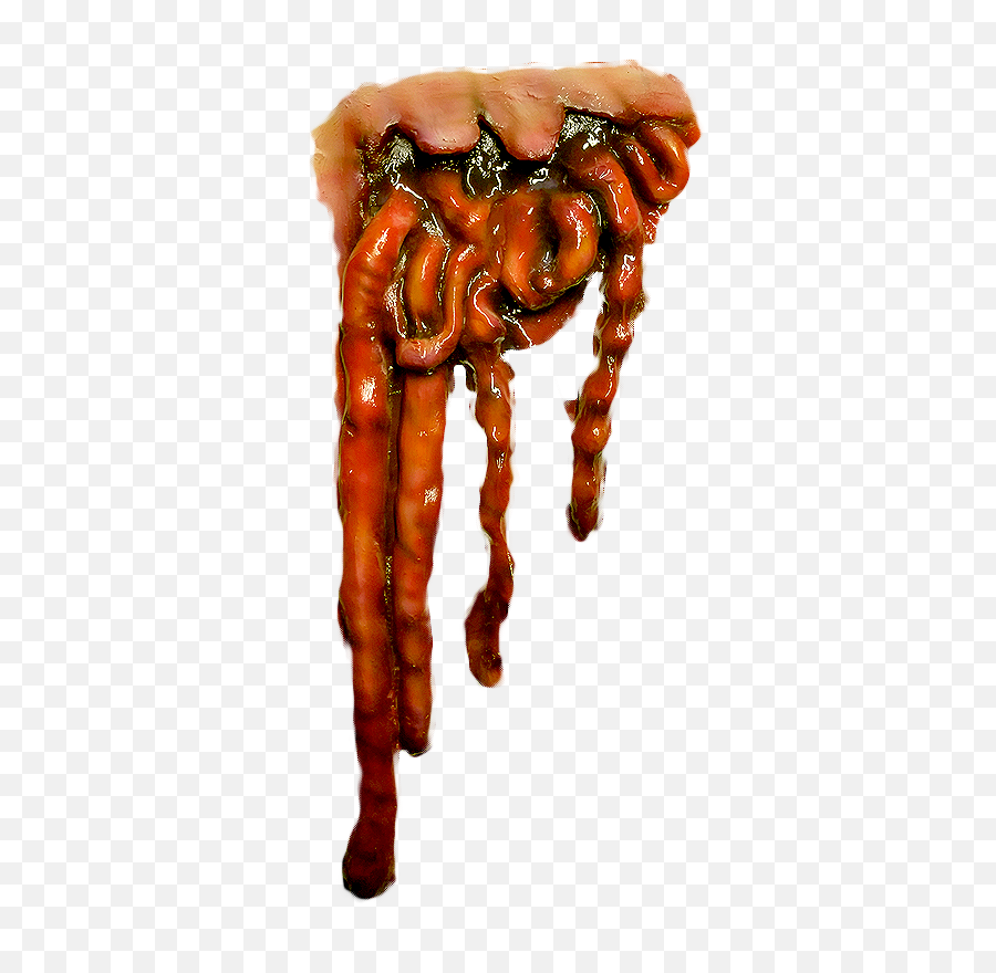 a closeup image of a fake bloody wound with intestines dripping from the open flesh. the wound is a realisticlooking prop that would be perfect for a halloween costume or decoration. the blood is bright red and the intestines are a fleshy orange color. the image is slightly blurred, giving it a gritty, visceral look.