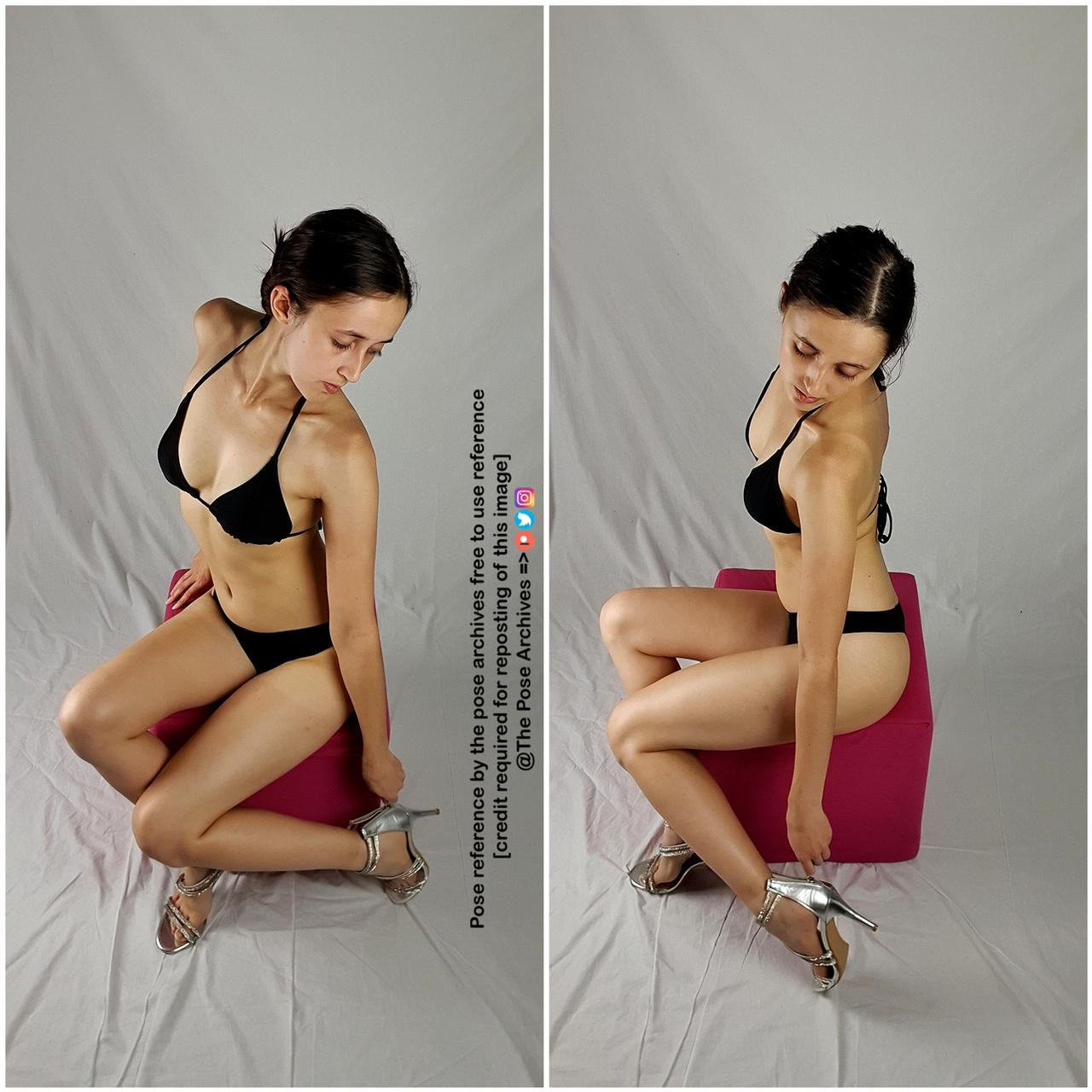 a woman in a black bikini is sitting on a pink cube in two different poses. the background is a plain white wall. the image is a pose reference for artists.