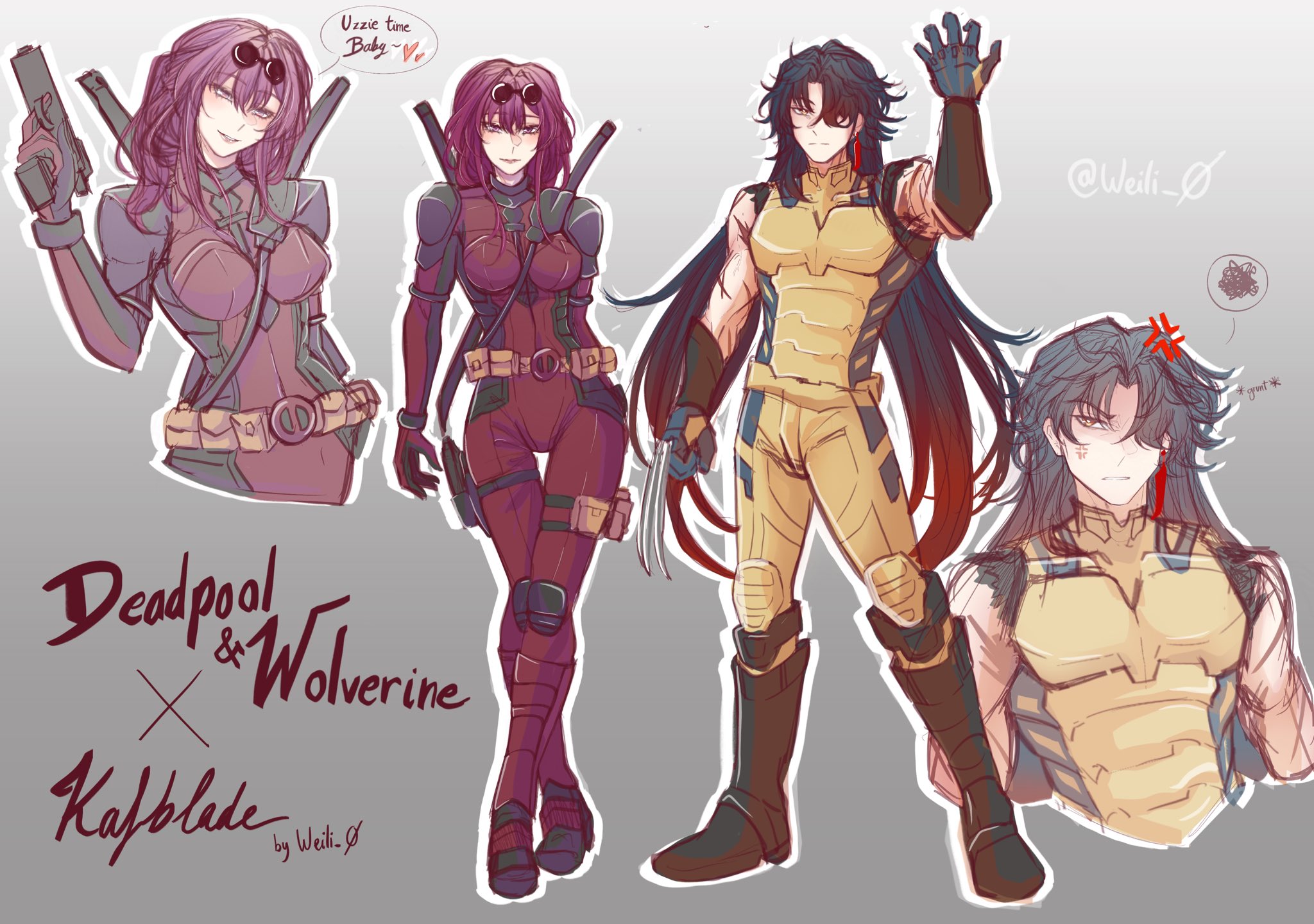 this is a digital fan art illustration featuring the marvel characters deadpool and wolverine, drawn in an anime style. deadpool, a male superhero, is depicted as a woman in this artwork, and wolverine, a male superhero, is depicted as a man with long, dark hair.  the illustration appears to be a romantic pairing of the two characters, with the female deadpool holding a gun and giving a sassy expression while the male wolverine gives a gentle smile, suggesting a loving relationship. the art style is vibrant and colorful, with the characters depicted in dynamic poses and expressions.