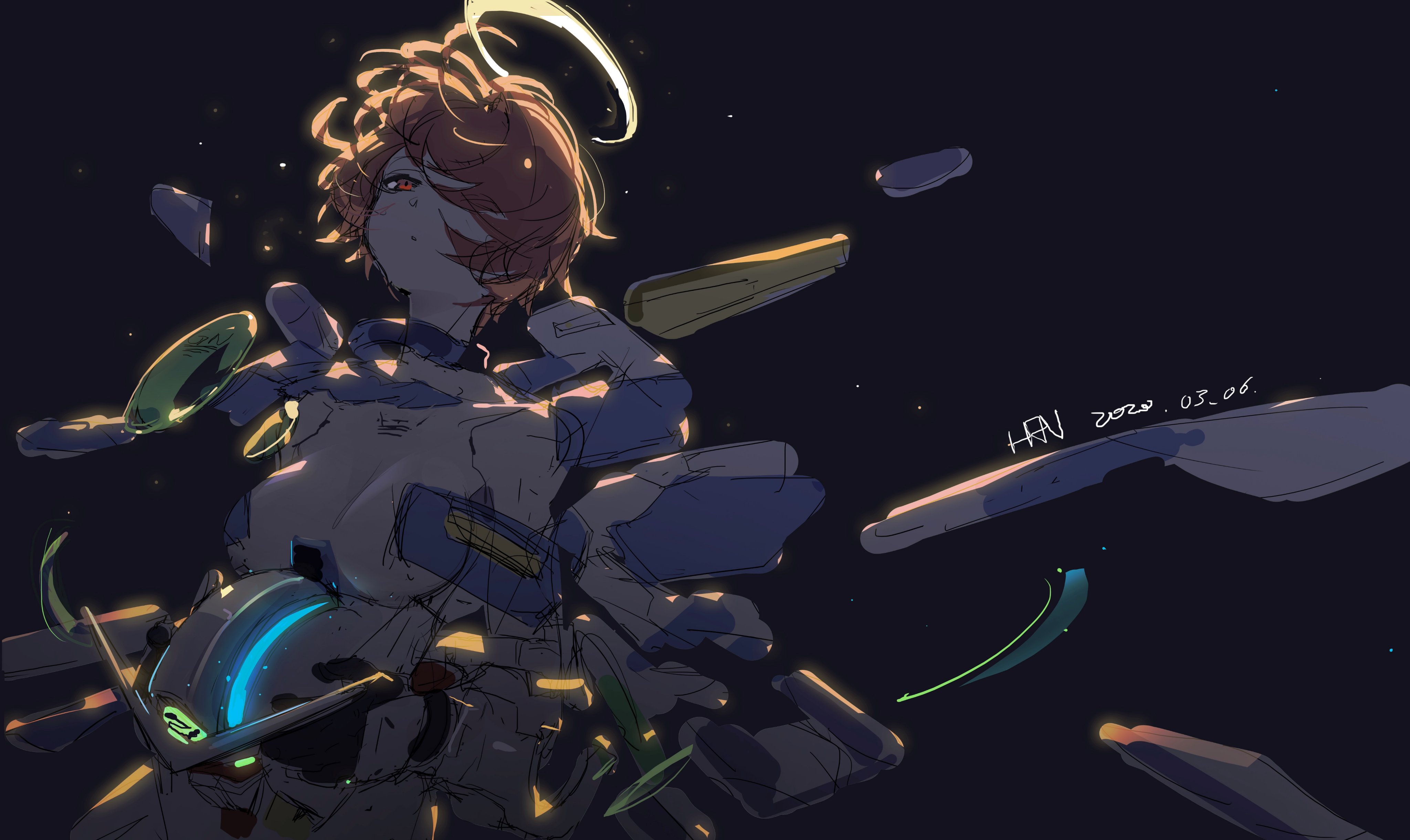 the image depicts an animestyle girl with orange hair and red eyes, wearing futuristic or scifi armor. she has a halo above her head. the armor has blue accents and appears to be partially fragmented or in the process of forming. several abstract, geometric objects are floating around her. the background is dark and sprinkled with tiny stars. the artwork has a sketchlike quality, with visible linework and a slightly unfinished feel. the signature "hrn 2020.03.06" is visible in the lower right corner, indicating the artist and date of creation.