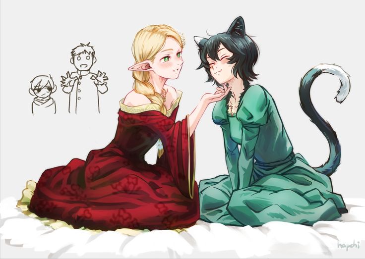 the illustration depicts two animestyle female characters. one is an elf with long blonde hair, wearing a luxurious red medievalstyle gown.  the other character has short dark hair, cat ears, and a cat tail, dressed in a teal green gown.  she appears to be a catgirl. the elf is gently touching the catgirl's chin. in the background, there are three small, simple sketches of people, possibly representing other characters or a narrative context. the overall style is soft and charming, suggesting a friendly or romantic interaction between the two central figures. the setting appears to be a bed or a soft surface. the art style is clean and polished with soft color palettes and delicate linework.