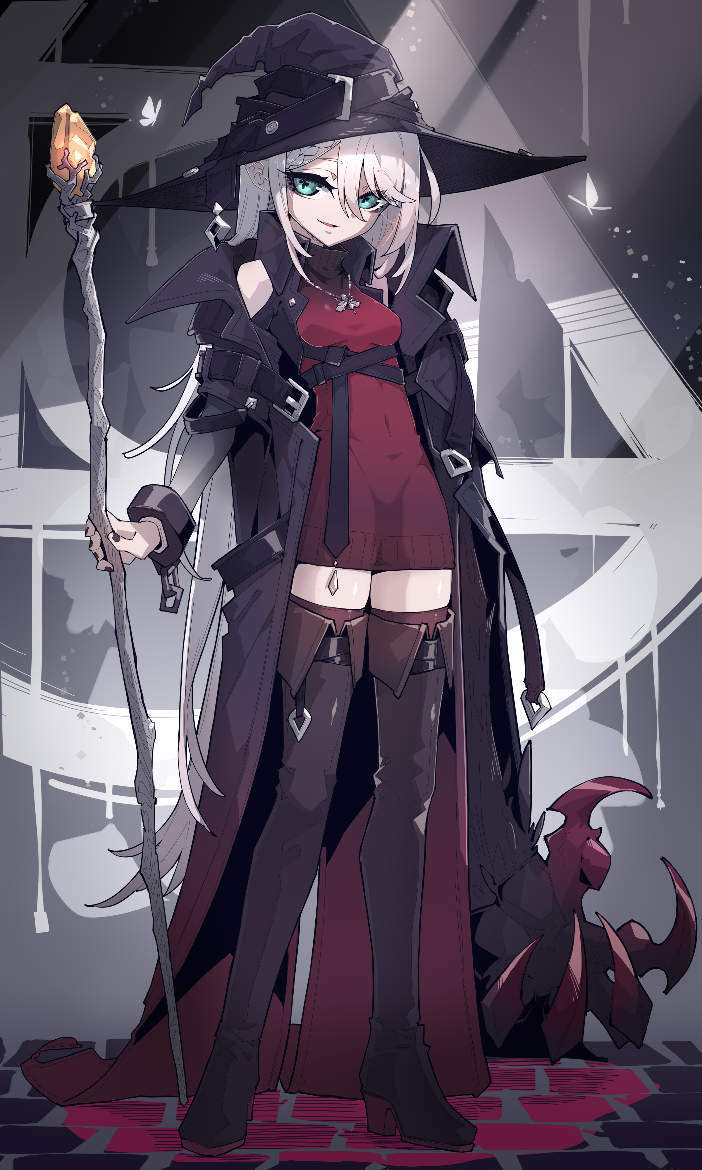 an anime girl dressed as a witch, wearing a dark hat and coat over a red dress, stands with a staff in hand next to a pet creature.