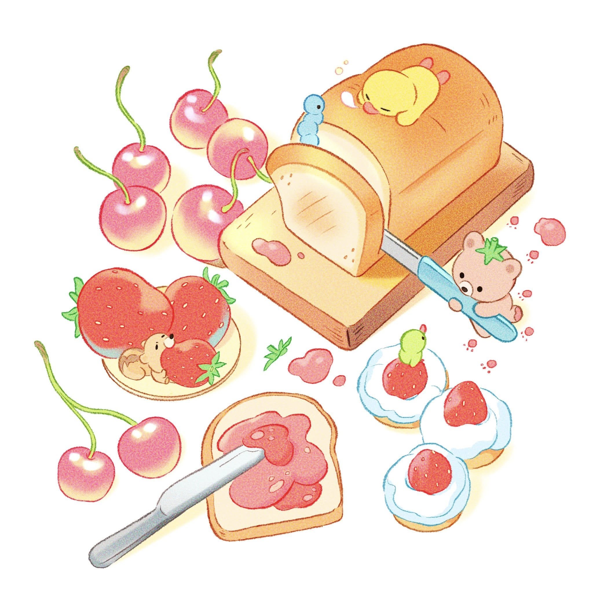 this is a whimsical illustration featuring a variety of cute cartoon characters and sweet treats.  the main focus is a loaf of bread being sliced, with a small bear assisting.  other elements include adorable animals like a chick, a squirrel, and a worm interacting with the food.  the image is full of pastel colors and depicts a cheerful scene with strawberries, cherries, and toast with jam.  the style is reminiscent of kawaii art.
