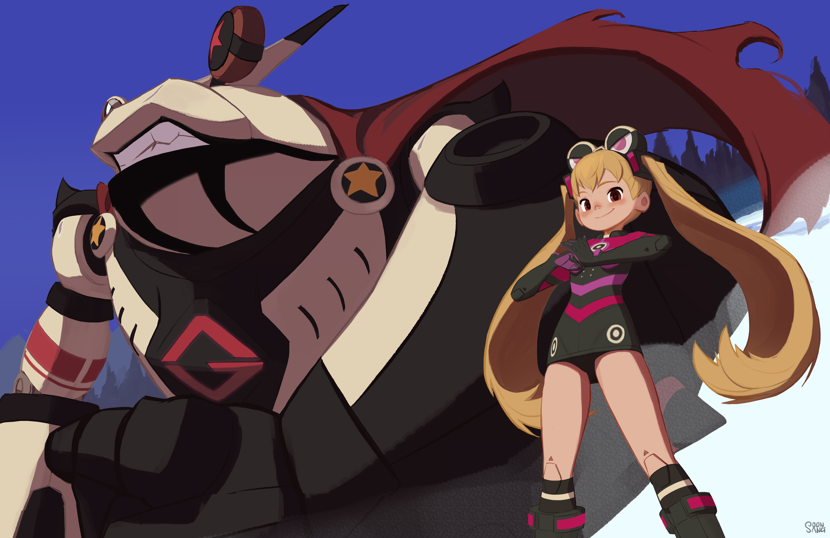 the image showcases a young girl with long blonde hair and a pink and black outfit standing confidently in front of a large, armored, froglike robot. they are set against a backdrop of snowy mountains and a clear blue sky. the robot towers over the girl, emphasizing its protective role, while the girl's confident posture hints at her being the pilot or companion. the scene is rendered in a vibrant, cartoonlike style with soft lighting and a dynamic lowangle perspective.