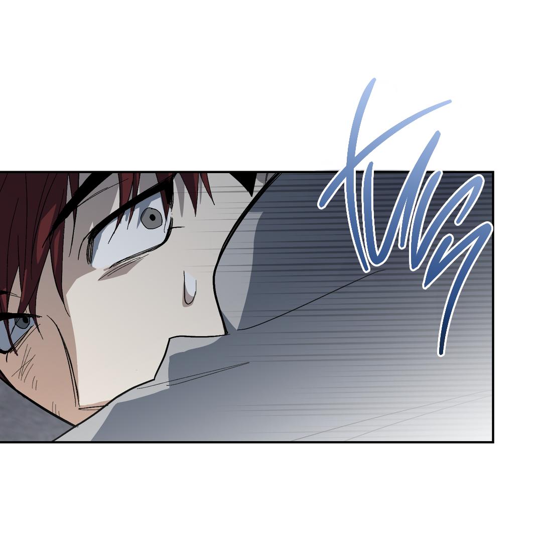 a closeup illustration from a manga, manhwa, or webtoon depicting a man's face contorted in an expression of fear or shock. his eyes are wide open, and there's a drop of sweat on his cheek.  the background is blurred, suggesting movement or action. the style is dark and dramatic, utilizing line art and shading to emphasize the character's emotion.  the word "tung" is written in a stylized font in the upper right corner, likely representing a sound effect. the overall tone is intense and suspenseful.