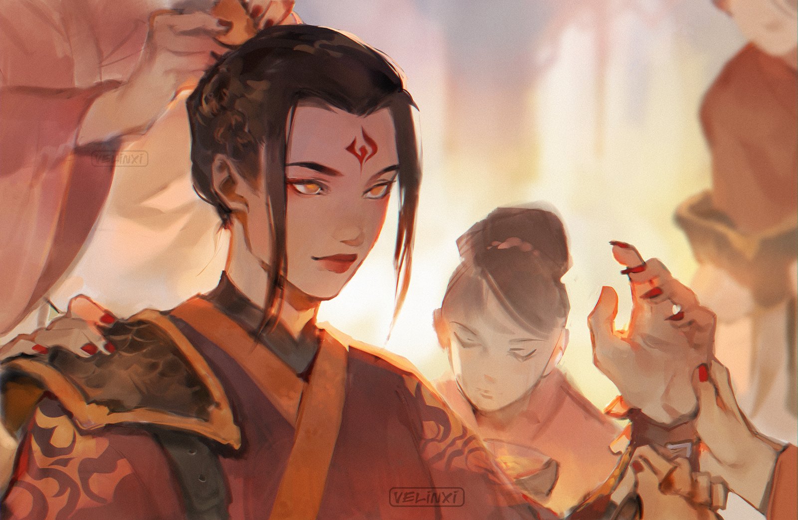 a digital painting of azula from avatar: the last airbender being dressed in ceremonial garb. she is in the center of the image, wearing red clothing with intricate gold designs and having her hair styled by unseen hands. another woman with her hair in a bun is partially visible in the background to the right, watching or assisting in the dressing process. the image is bathed in warm, golden light.
