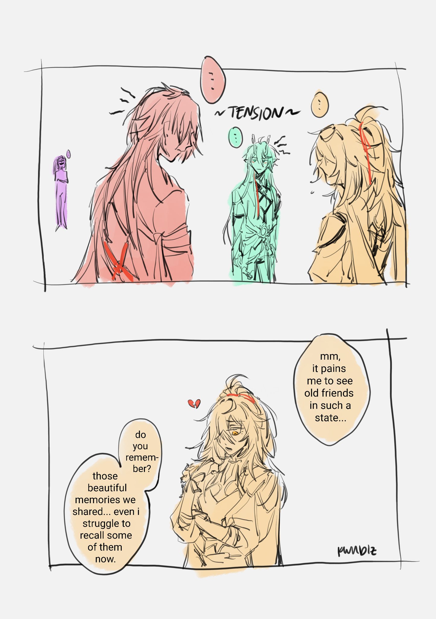 this is an illustration from an anime/manga comic. it depicts a scene where three characters are interacting with each other. the characters are drawn in a rough, sketchlike style, which gives the image a sense of intimacy and emotion. the scene appears to be a somber one, with one of the characters in particular seeming heartbroken and sorrowful. the dialogue suggests that the characters are reminiscing about shared memories, but that these memories are now tinged with sadness.  the overall tone of the image is melancholic and reflective, highlighting the pain and loss associated with the passage of time and the impermanence of friendships.