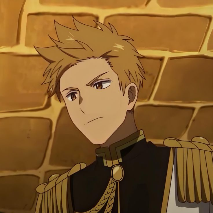 this is a closeup portrait of a blondehaired anime character. he has brown eyes and a serious expression on his face. he is wearing a black suit with golden embellishments and a collar. the background is a yellow brick wall.