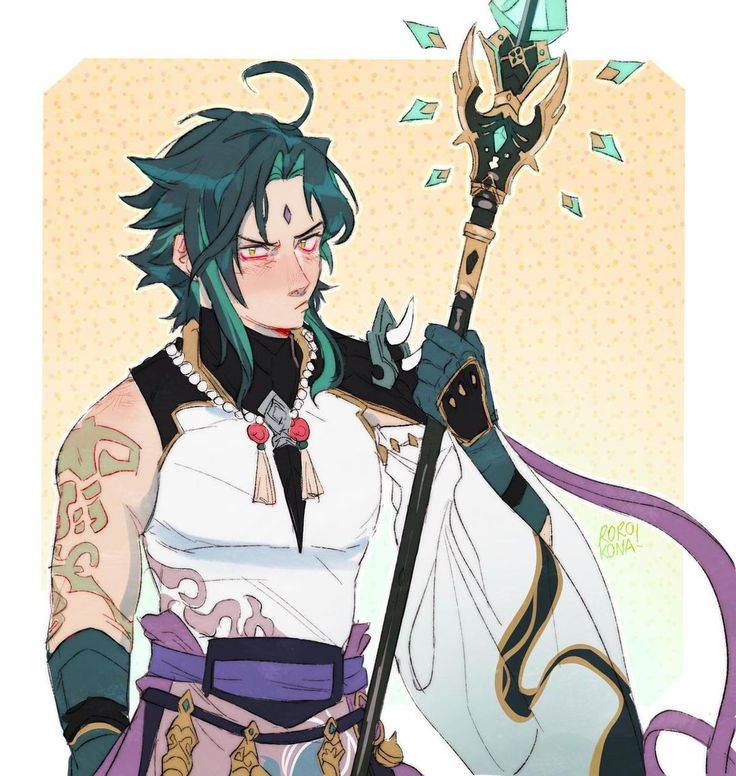 the image is a piece of fanart depicting a male character, likely inspired by the game genshin impact. he has teal/green hair, a muscular build, and is adorned in elaborate, asianinspired clothing featuring a white top, purple sash, and gold detailing. the character carries an ornate staff with teal gems. he has tattoos on his arms and wears jewelry, including a pearl necklace.  the art style is digital, animeinfluenced, with a focus on clean lines and expressive shading. the character's expression is one of quiet confidence or seriousness. the background is a simple, muted yellowbeige. the artist's signature is subtly placed in the lower right corner.