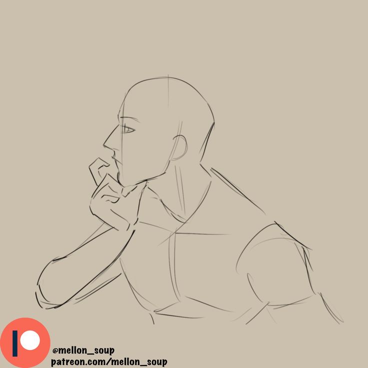 this image features a line drawing of a person's head and torso in profile, with the figure's hand resting on their chin. the lines are thin and simple, creating a minimalist and somewhat abstract representation of a human form. the background is a plain light grey color, drawing focus to the black line art. the overall style is simple and suggestive, leaving some aspects of the figure open to interpretation.