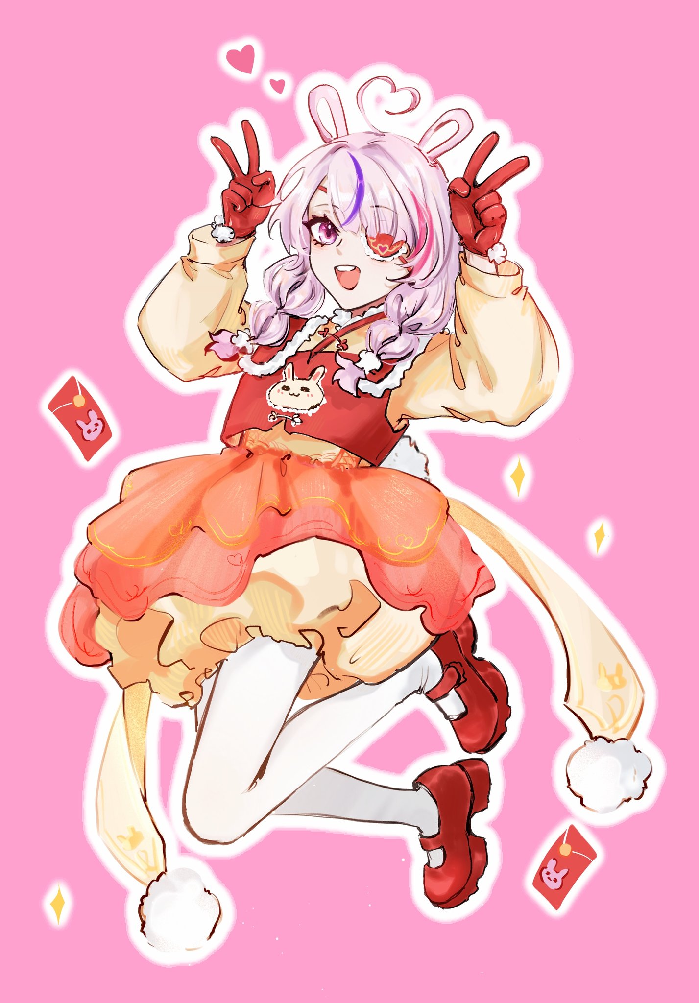 this is a digital art illustration of a cute anime girl. she has white rabbit ears, a red and yellow dress, and white stockings. she is wearing a red eye patch with a white bunny on it. her white hair is styled in braids and she is smiling. her eyes are purple and she is holding her hands up in the peace sign. she is wearing red shoes and a white fluffy tail behind her.