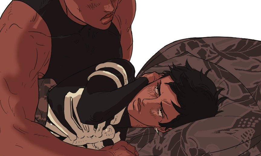 the image is an illustration showing two males in a close, comforting embrace on a bed. one male is lying down under a blanket with a worried expression, and the other is sitting beside him, hugging him tightly. the male lying down has black hair and is wearing a shirt with a skeleton print. the other male is darkskinned and muscular, wearing a black tank top. the overall scene conveys a sense of care and affection. the art style is similar to anime or webcomics.