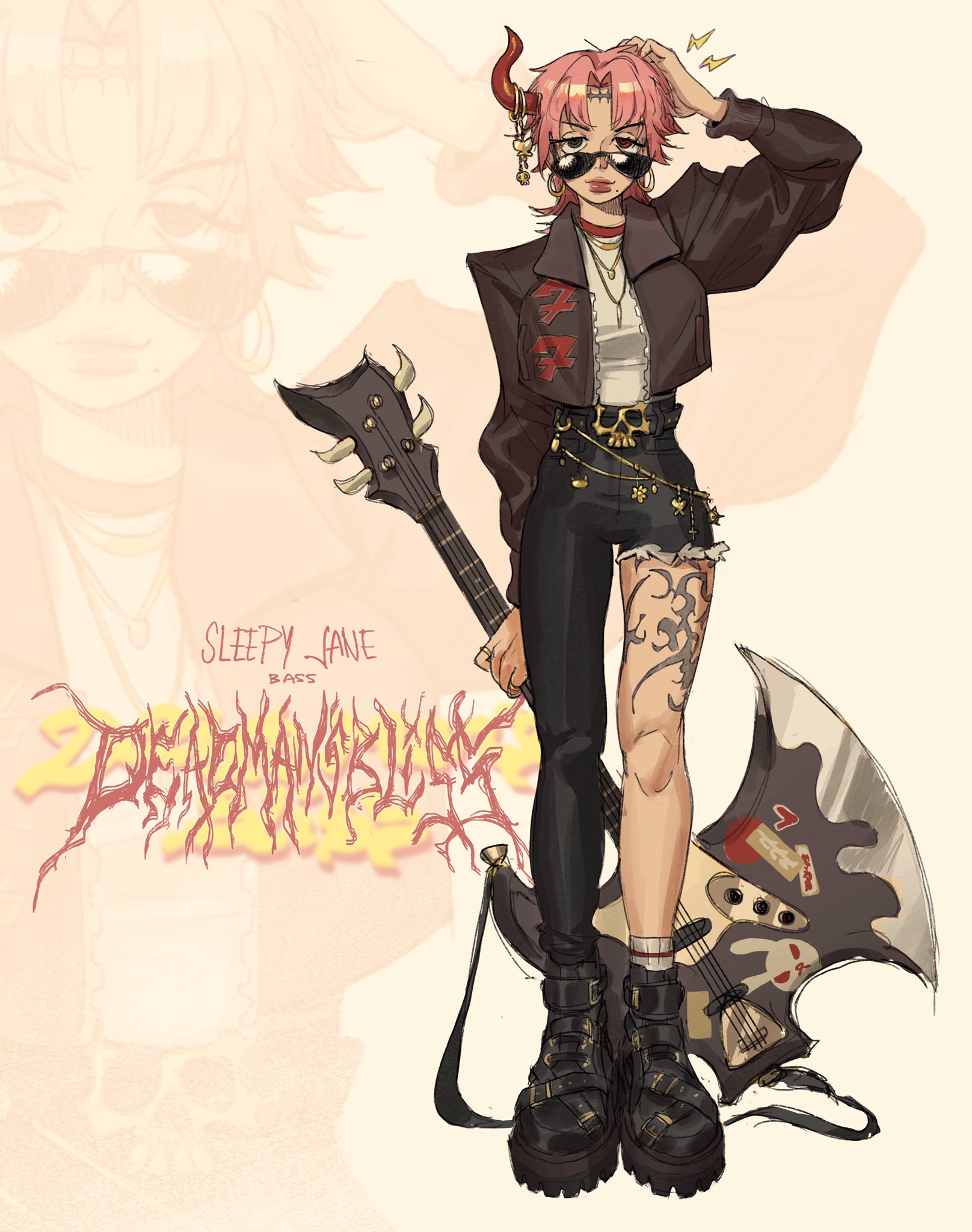 the image is a digital illustration of a stylish female character, possibly a musician, with pink hair and small horns. she's dressed in a punk/rock style outfit:  a black leather jacket, a white shirt, black shorts, and combat boots. she has tattoos on her legs and is carrying a unique axeshaped guitar. the background features a faded image suggesting another character and the band name "deadmangling" in a stylized font with "sleepy lane" written more subtly above it. the overall aesthetic is edgy and cool, combining elements of anime and western cartoon styles.  the color palette is predominantly dark with pops of pink and yellow. the character's expression is confident and slightly mischievous.
