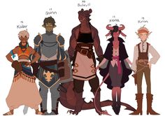 the image showcases a lineup of six fantasy characters, likely a party from a tabletop roleplaying game. each character boasts unique features and attire, hinting at different races and classes. from left to right, we have: a slender character with orange skin and flowing clothes, potentially a spellcaster; a heavily armored warrior with green skin, radiating a sense of strength; a towering figure with horns and a blacksmith's apron, suggesting a powerful melee fighter; a charismatic tiefling with a mischievous grin, possibly a rogue or bard; a graceful humanoid figure with horns and elegant attire, hinting at a noble background; and lastly, a lightfooted elf or halfelf with a traveler's outfit, perhaps a ranger or rogue.