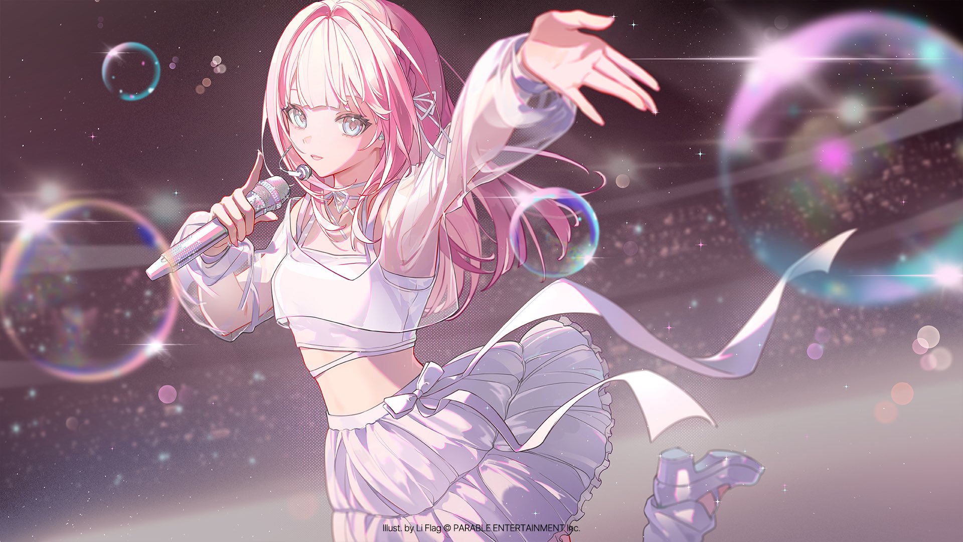 the image is a digital illustration of an anime girl with long pink hair singing into a microphone on a stage. she is wearing a white outfit with a short skirt and translucent long sleeves, adorned with a bow.  the background features bubbles and sparkles, suggesting a magical or fantasy concert setting. the overall style is cute and pretty. the illustration is likely promotional art for a virtual singer or anime character.