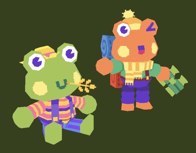 two cute, voxelstyle frogs are depicted against a dark green background. the frog on the left is predominantly green and sits playfully with a yellow twig in its mouth. it wears a yellow hat, blue and pink striped shirt, and blue overalls. the frog on the right, primarily orange, stands with an open mouth, wearing a yellow and orange beanie, orange scarf, green vest, blue shirt, and purple pants. it carries a blue backpack and holds a green skateboard. both frogs have large, expressive eyes.