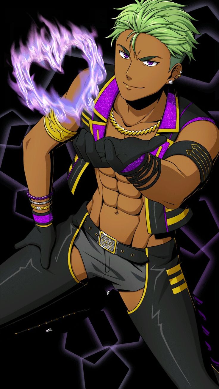 this anime character is a strong and confident male. he has green hair, is muscular, ripped, and has a six pack. he is wearing a stylish black and purple outfit with gold accents and accessories. he is holding a fire heart in his hands, which could be used for magic. he is standing on a background of purple and black hexagons, giving the impression that he is in a futuristic or mystical setting.
