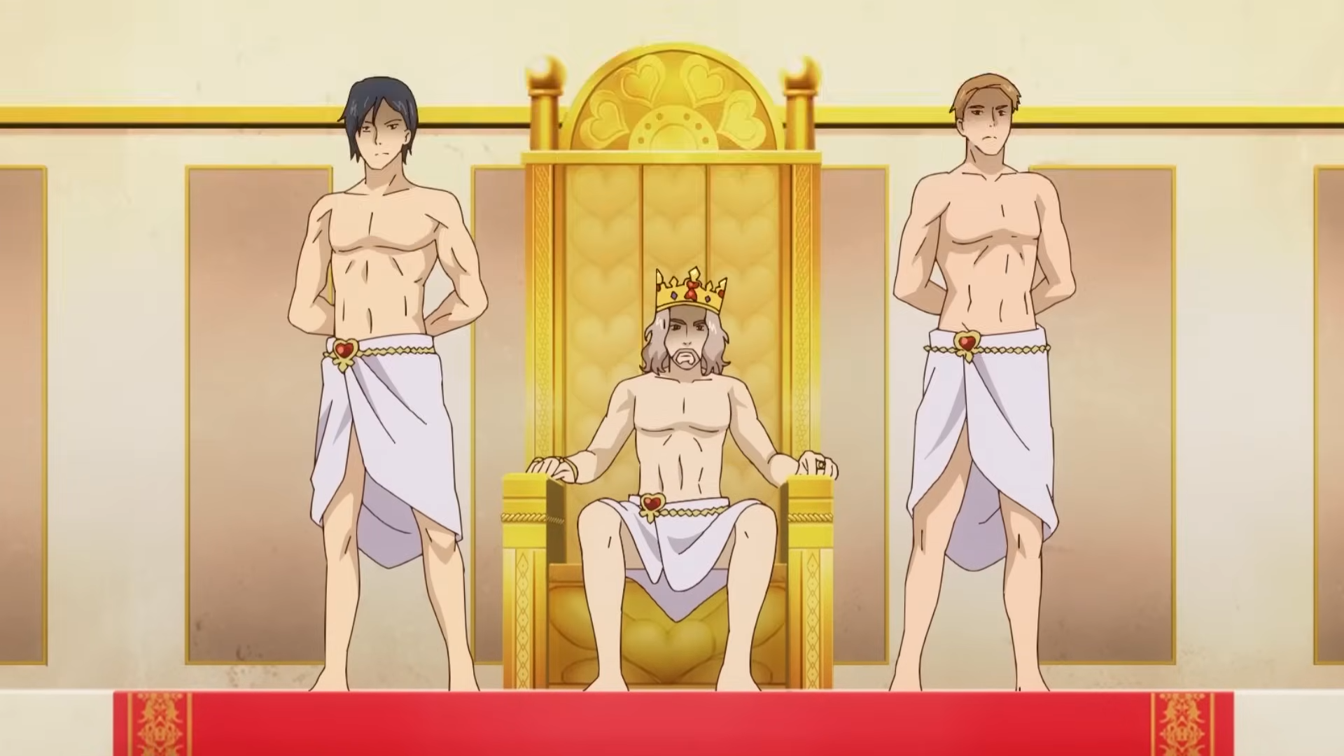 the image shows a cartoon depiction of a king and his two attendants.  the men are all shirtless, muscular, and wearing white towels around their waists. the king is sitting on a golden throne, and his attendants are standing on either side of him. they are in a room with white walls and a red carpet.