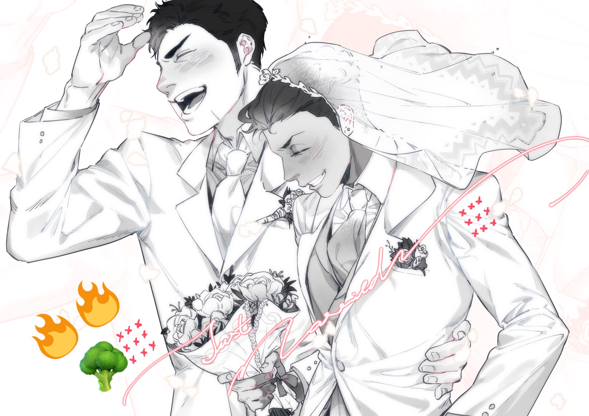 a black and white illustration of two men in wedding attire. the man on the left is wearing a tuxedo and has his arm around the man on the right who is wearing a veil and holding a bouquet of flowers. the man on the left is smiling and the man on the right is looking down at the flowers. they appear to be sharing a moment of joy and love. the illustration is surrounded by red crosses and flames on the bottom, and some writing on the right in pink that says "just married".