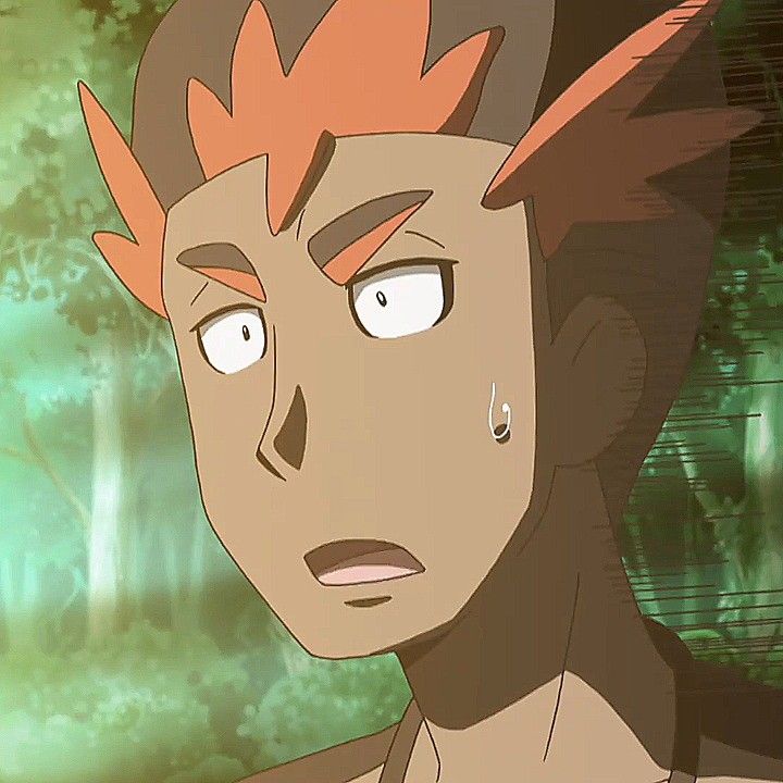 a surprised male anime character with red spiky hair and a surprised expression. he has brown skin, an earring, and is wearing a brown shirt. he is in a forest setting.