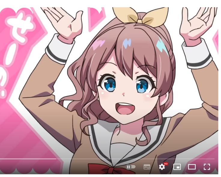 the image shows a young woman with brown hair and blue eyes, depicted in an anime style, with a cheerful expression on her face. she is wearing a brown and white school uniform. her arms are raised in the air as if she is excited or celebrating. the background is a bright pink with some white shapes.