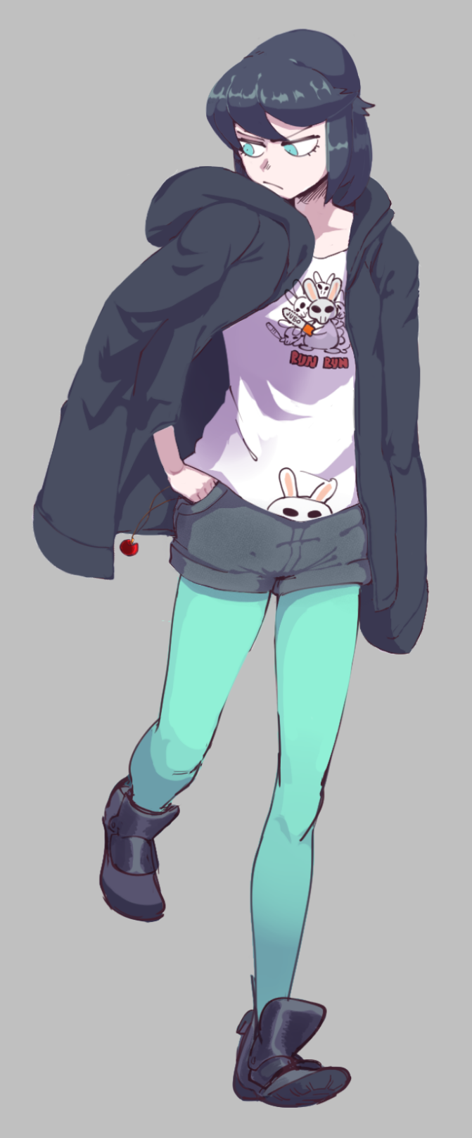 this is a digital illustration of an anime girl. she is standing in a casual outfit that includes a black jacket, a white shirt with rabbit designs, blue shorts, turquoise tights, and black boots. she has black hair and blue eyes, and her jacket is slightly open, revealing the white shirt. she is holding a cherry in her hand, and she has a thoughtful expression on her face. the illustration is done in a cartoon style, with bold lines and bright colors. the background is a simple gray color, which allows the girl to stand out.