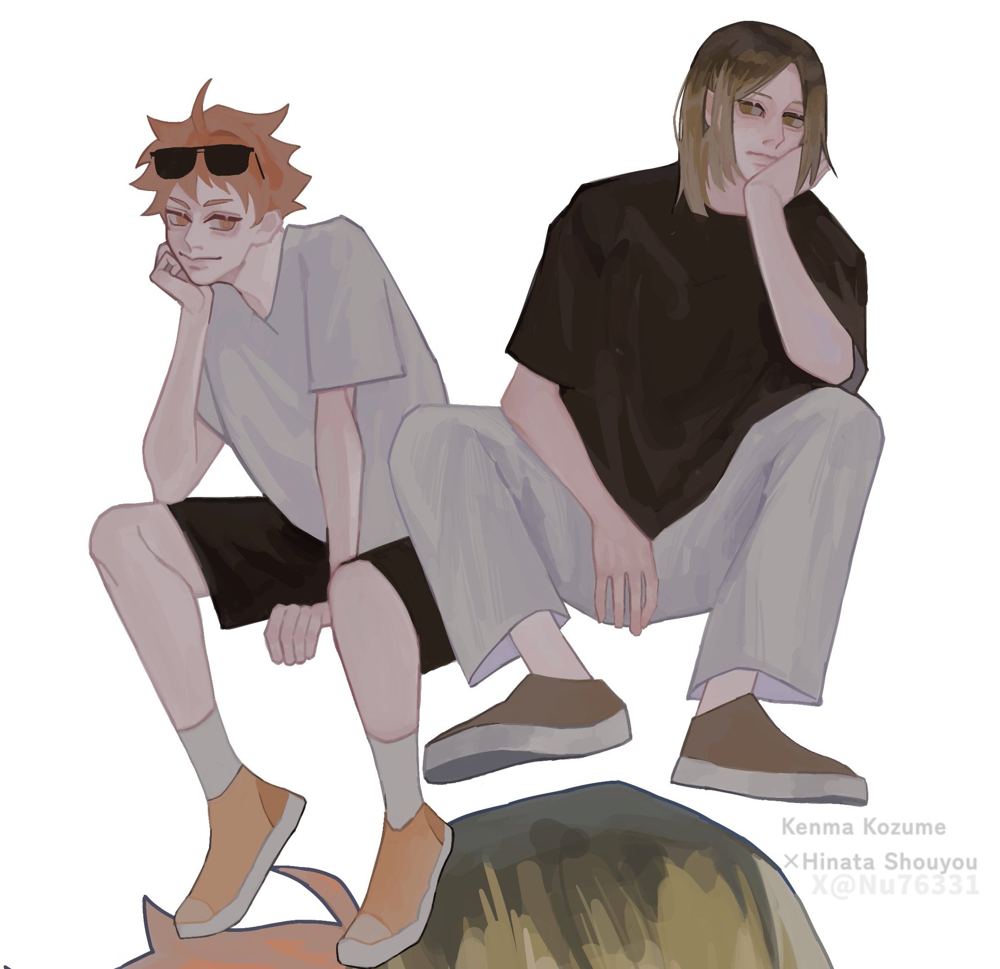 a digital drawing of two anime boys sitting on a rock. kenma kozume is sitting with his left arm resting on his head and his right arm resting on his knee. hinata shouyou is sitting with his left arm resting on his head and his right hand resting on his thigh. both are looking in the opposite direction from one another. the image is colored in soft browns, whites, and grays. the background is plain white.
