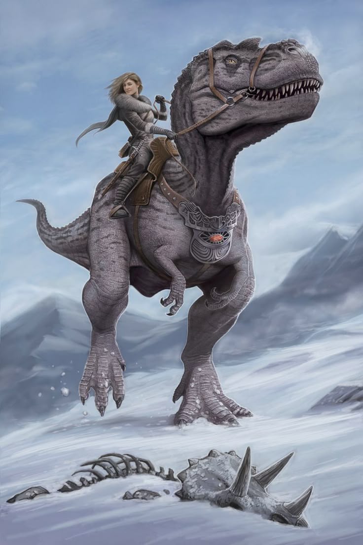a woman is riding a tyrannosaurus rex through a snowy landscape. the dinosaur has a saddle, harness, and reins, and the woman is holding the reins. in the foreground is a skeleton and a triceratops skull. mountains are in the background.