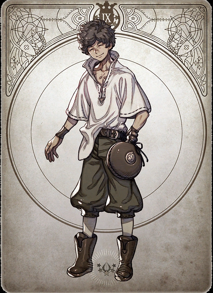 the image depicts a young man drawn in a style reminiscent of both classic tarot cards and art nouveau. he stands in a confident pose with a slight smile, framed within a circular border adorned with ornate linework. the man has curly dark hair and wears a loose white tunic with a brown belt, matching breeches, and sturdy boots. a round pouch hangs from his belt. the roman numeral "ix" is visible at the top of the design, suggesting this could represent the ninth card in a tarot deck. the overall color scheme uses warm, earthy tones, creating a vintage and slightly aged feel.