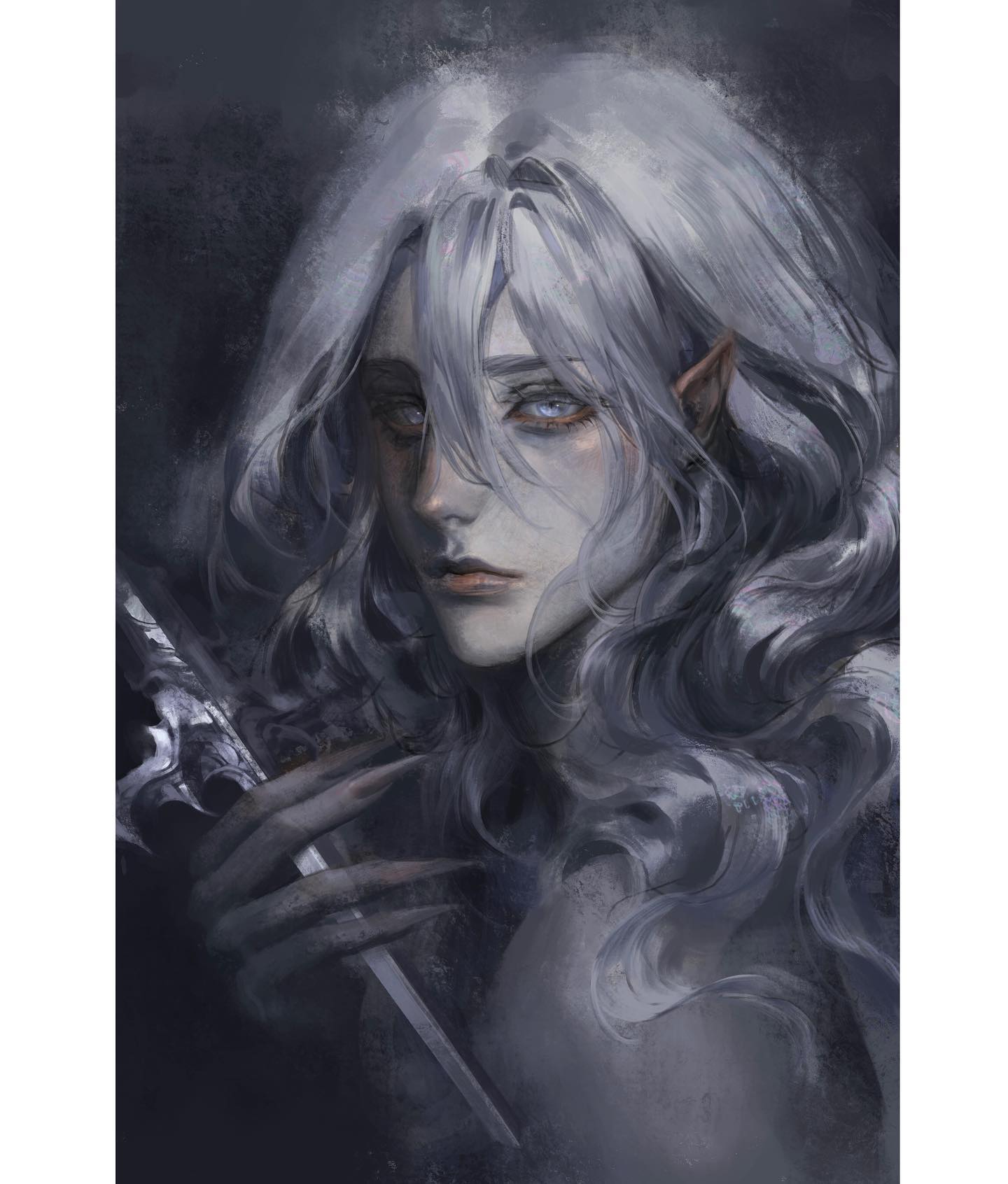 the portrait showcases a young elf male with striking white hair cascading down his shoulders. he possesses sharp, pointed ears and pale skin, his gaze holding a mix of melancholy and intensity. the elf clutches a silver dagger with an ornate hilt, his long, dark nails contrasting against the metal. the background is a wash of dark grays and blues, creating a somber and mysterious atmosphere.  the lighting is soft and focused from above, highlighting the subject's features and adding to the overall dramatic effect.