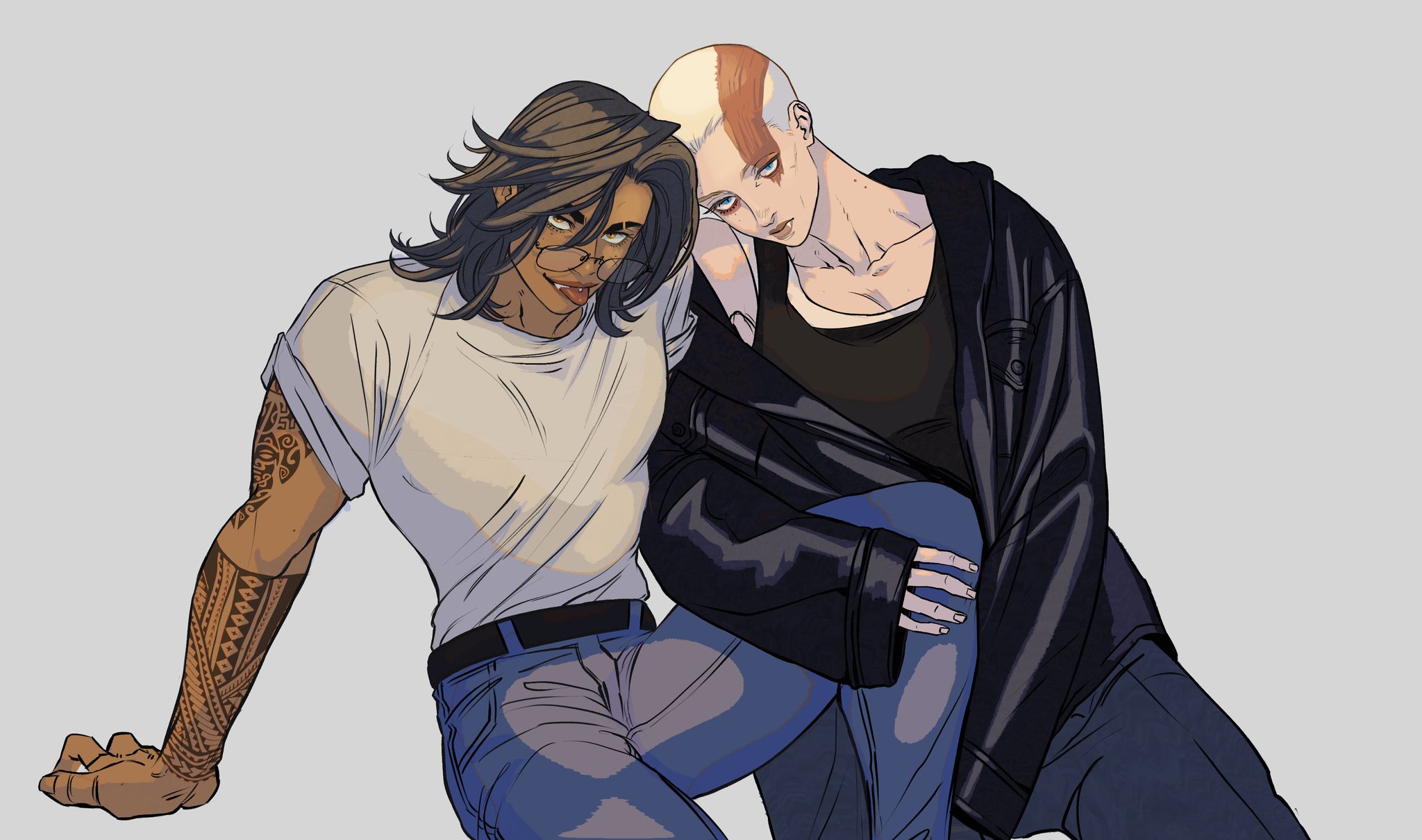 two cartoon people are shown embracing. the person on the left has brown skin, long brown hair, glasses, a white tshirt, blue jeans, and has tattoos on their right arm. the person on the right has white skin, a shaved head with a red stripe across the head, a black tshirt, a black leather jacket, and blue jeans.