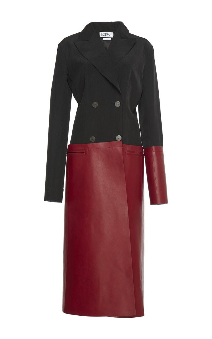 a black and red loewe dress with a black, longsleeved top and a red, kneelength skirt. the top resembles a blazer, with lapels and buttons. the skirt has a leatherlike texture.