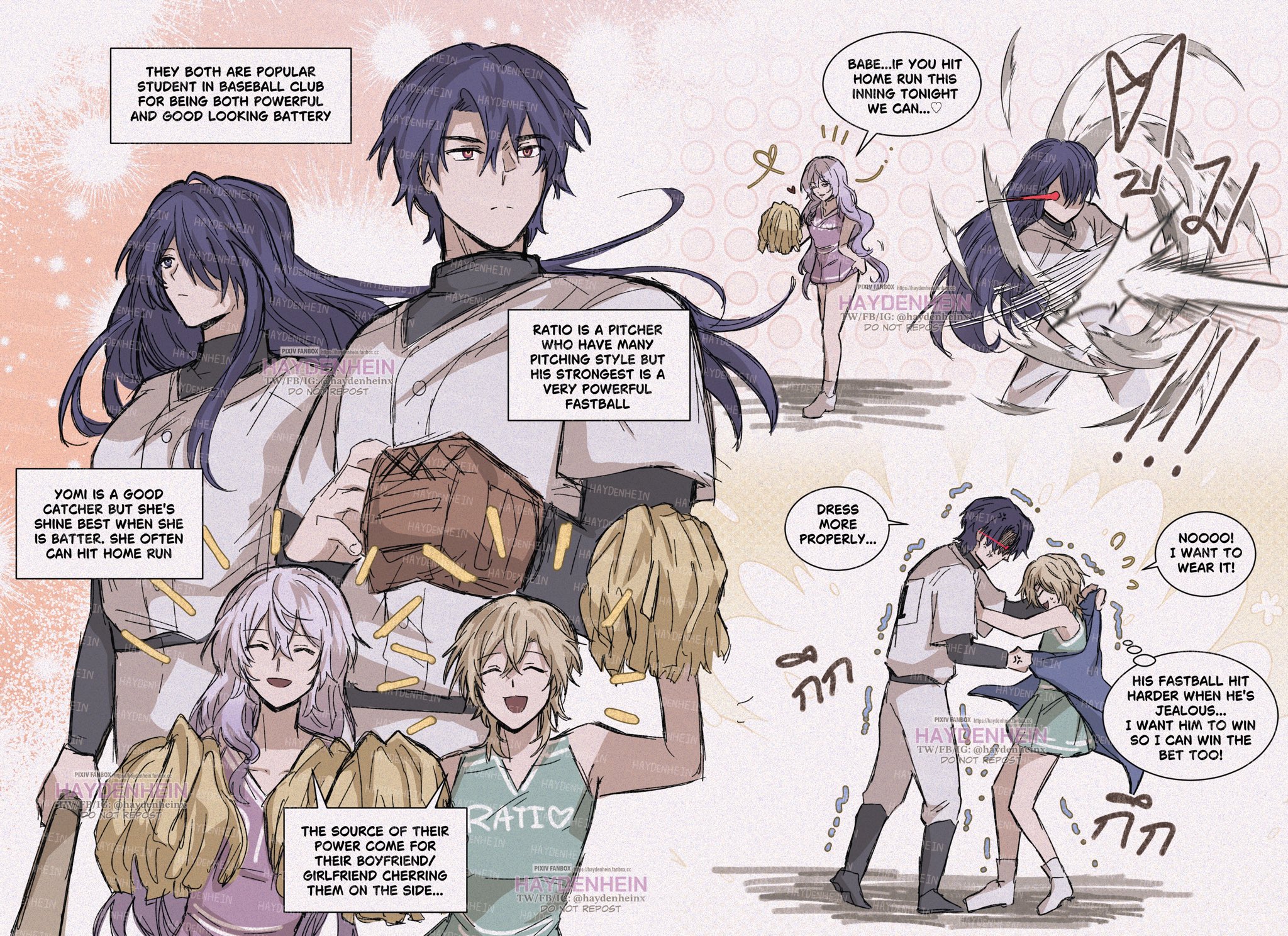 he image is a mangastyle illustration depicting a baseballthemed scene with several characters.  the central focus is on a male pitcher and female catcher, who are described as popular students known for their skills and attractiveness.  there are supporting characters including cheerleaders and other players. the illustration includes speech bubbles showing dialogue between the characters, revealing their relationships, feelings, and strategies within the game. the art style is soft and expressive, with a focus on emotion and character design.  there are also hints of magical or supernatural elements within the dynamic depictions of the game.