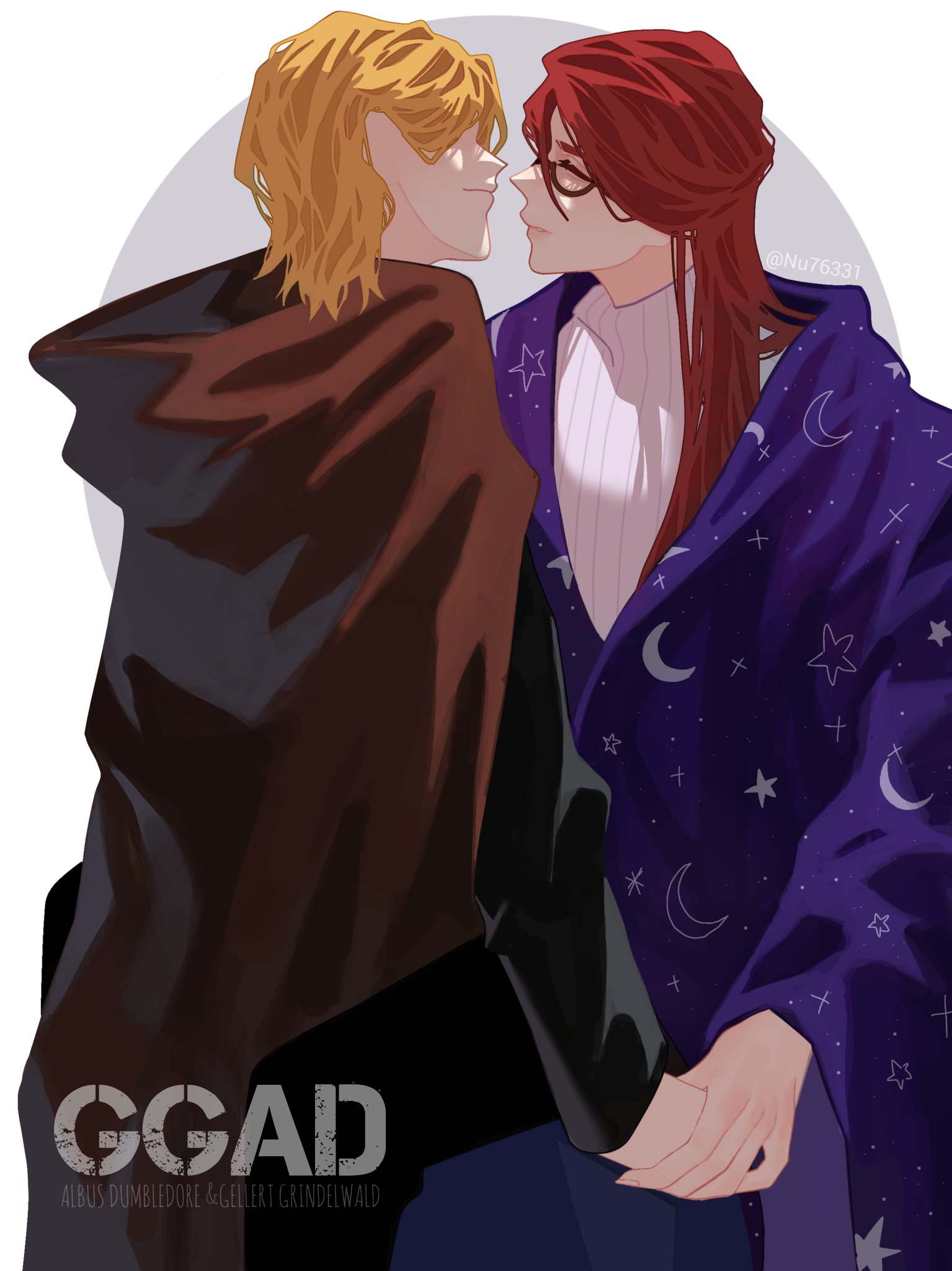 this is a digital illustration of two anime characters, albus dumbledore and gellert grindelwald, looking lovingly at each other. dumbledore has light blond hair and is wearing a brown robe. grindelwald has long red hair and is wearing a purple cloak with stars and moons on it. they are both looking at each other with soft smiles, and they appear to be about to kiss. the background is a light gray.