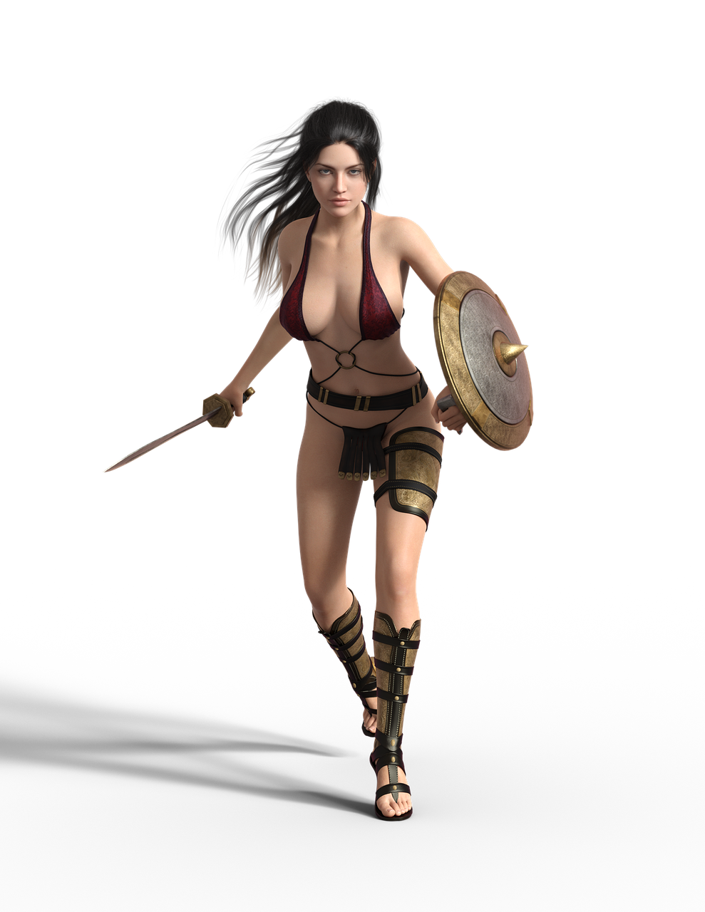 a 3drendered image of a woman dressed as a warrior, holding a sword in one hand and a shield in the other. she is wearing armor and gladiator sandals. the background is black.