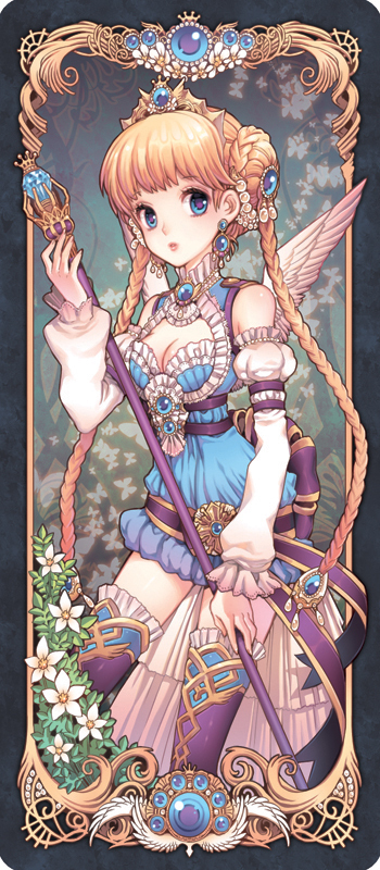 a digital portrait of an anime princess with long blonde hair wearing a fancy dress and holding a staff with ornate wings. the artwork is framed in a gold and purple ornate frame with a decorative border.